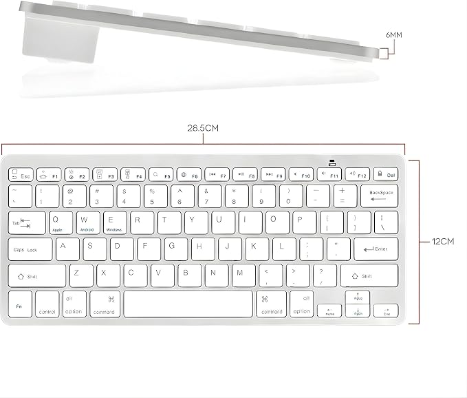 Teclado Sem Fio Bluetooth, Slim 6mm, 28,5 x 12 cm, compatível com iOS, Android e Windows