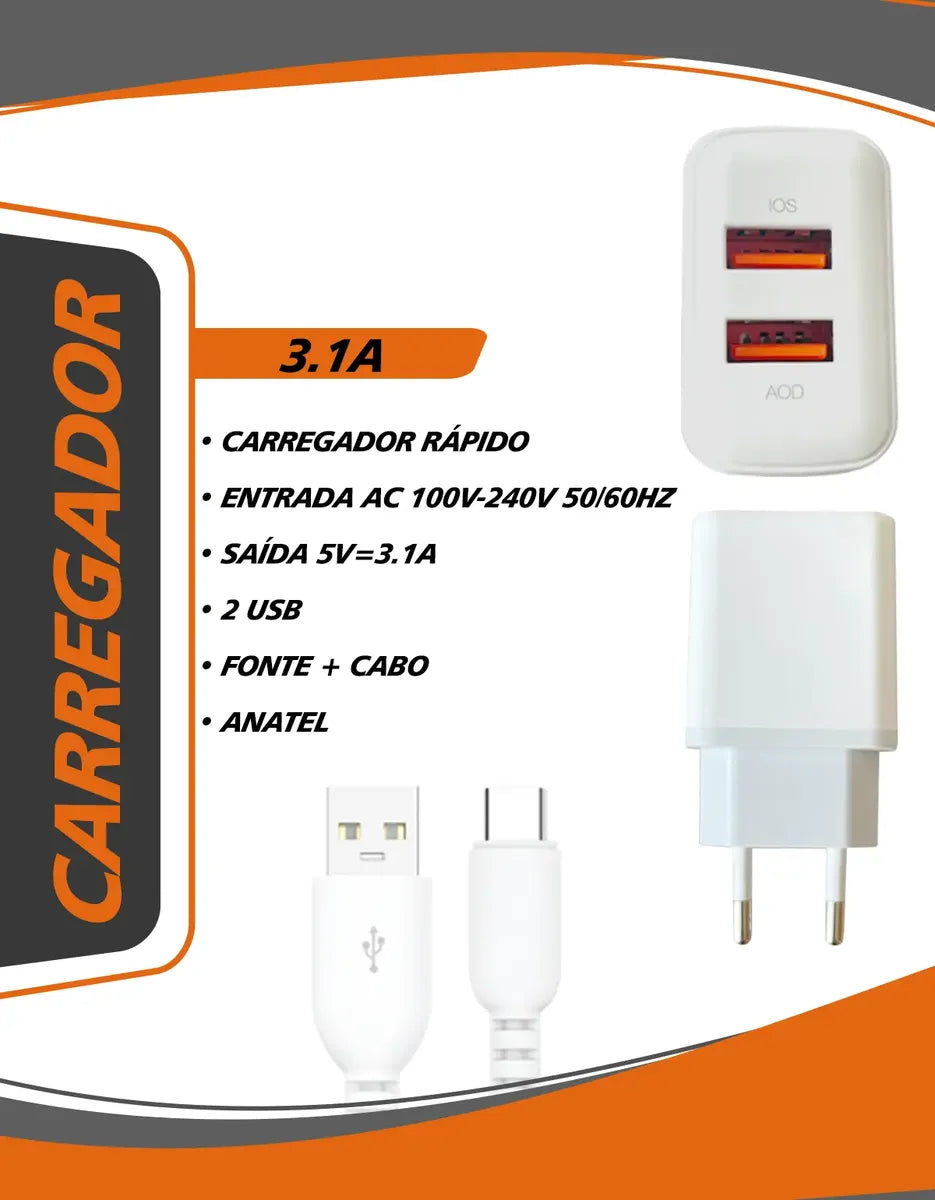 Carregador Fonte Rápido Turbo Tipo-c Ios Android 2 Usb 1mt