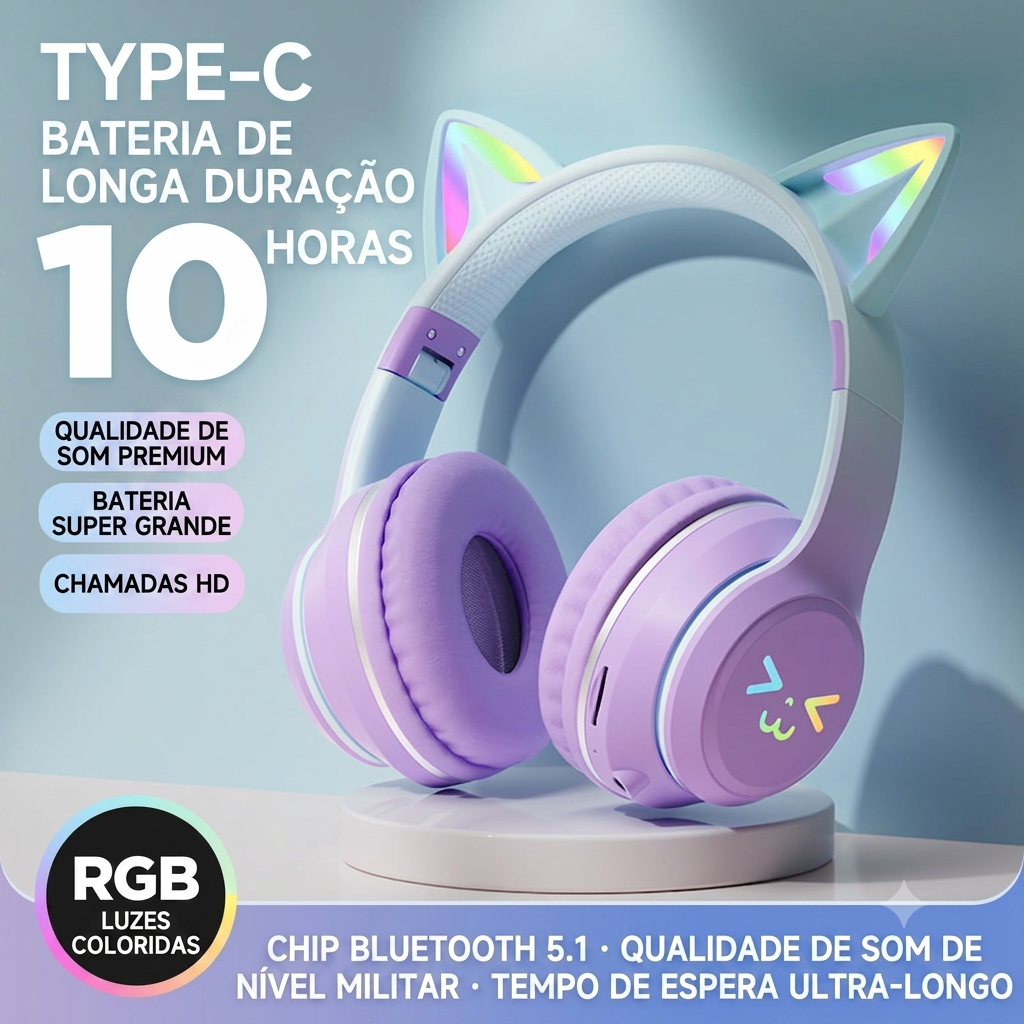 Fone De Ouvido Bluetooth Gamer Com Orelha De Gato E Led