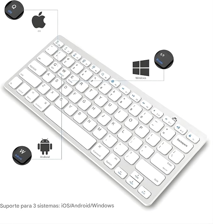 Teclado Sem Fio Bluetooth, Slim 6mm, 28,5 x 12 cm, compatível com iOS, Android e Windows