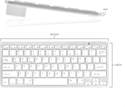 Teclado Sem Fio Bluetooth, Slim 6mm, 28,5 x 12 cm, compatível com iOS, Android e Windows