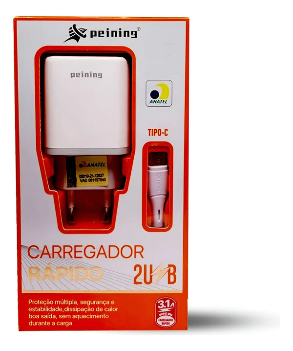 Carregador Fonte Rápido Turbo Tipo-c Ios Android 2 Usb 1mt