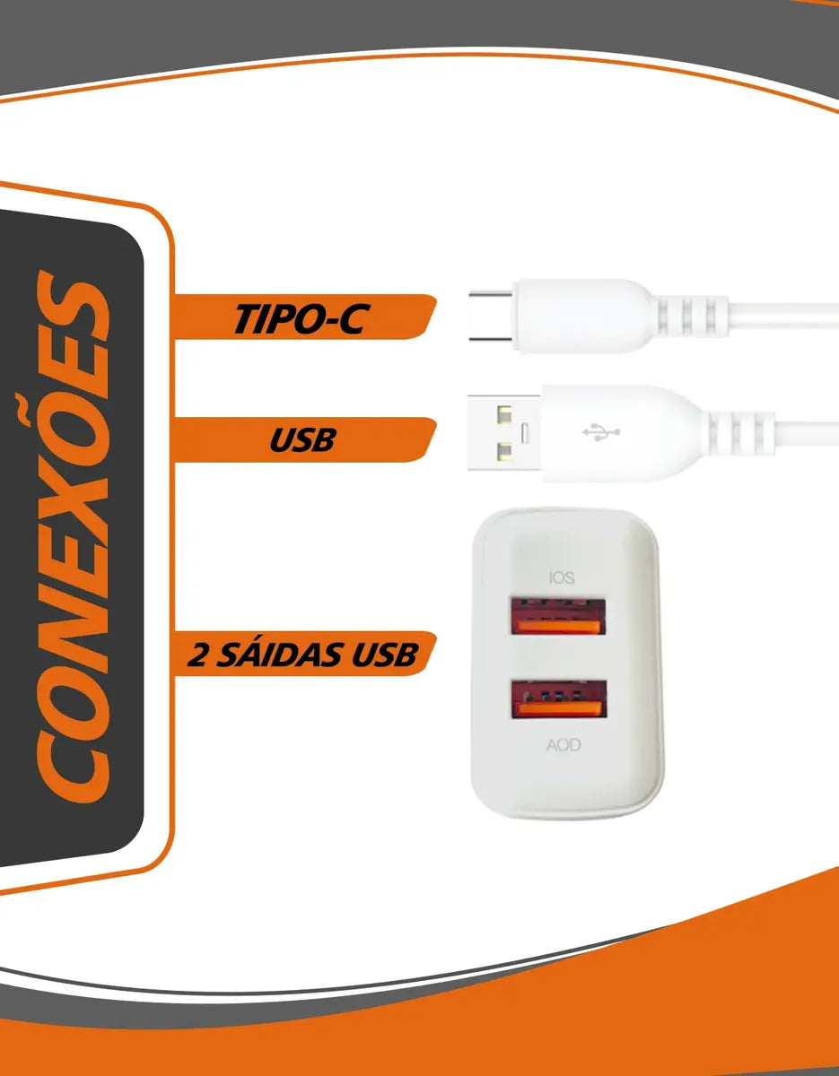 Carregador Fonte Rápido Turbo Tipo-c Ios Android 2 Usb 1mt