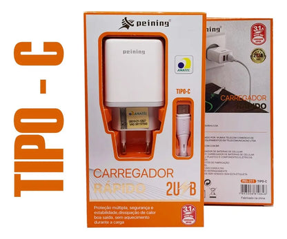 Carregador Fonte Rápido Turbo Tipo-c Ios Android 2 Usb 1mt