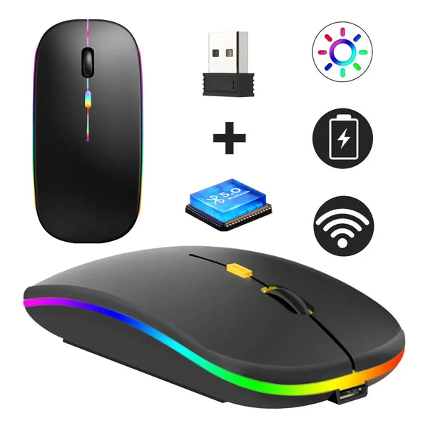 Mouse Sem Fio Recarregável Ergonômico Led Rgb