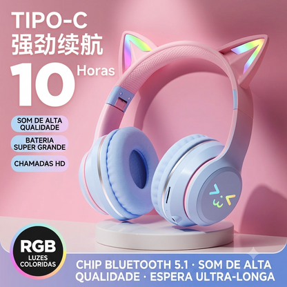 Fone De Ouvido Bluetooth Gamer Com Orelha De Gato E Led