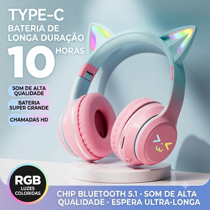 Fone De Ouvido Bluetooth Gamer Com Orelha De Gato E Led