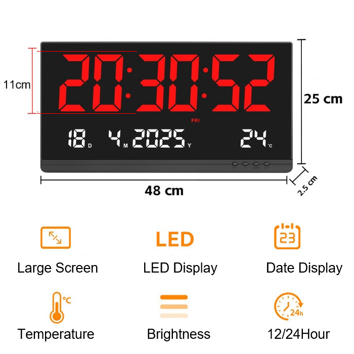 Relógio de Parede Digital LED, Com Calendário, Memória de Desligamento