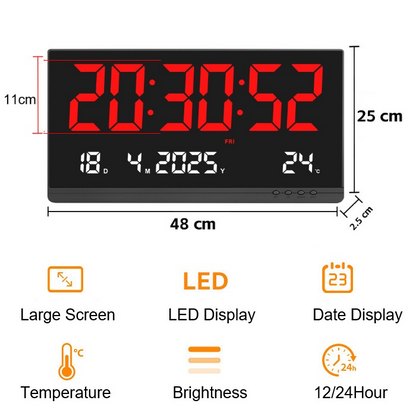 Relógio de Parede Digital LED, Com Calendário, Memória de Desligamento