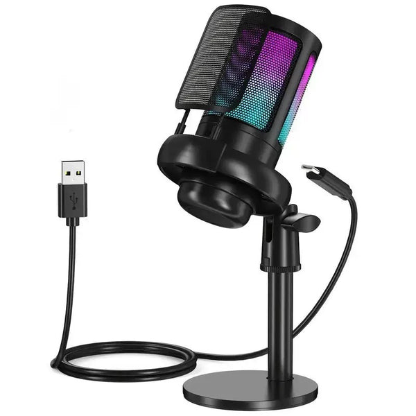 Microfone Condensador Gamer USB RGB com Pop Filter e Suporte de Mesa para Streaming, Podcasts e Gravações